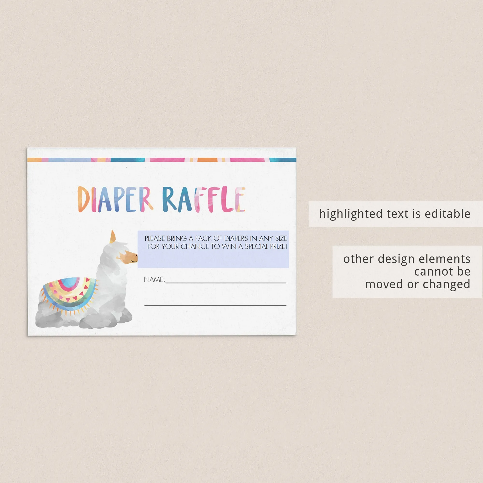 Alpaca Baby Shower Diaper Raffle Card Printable