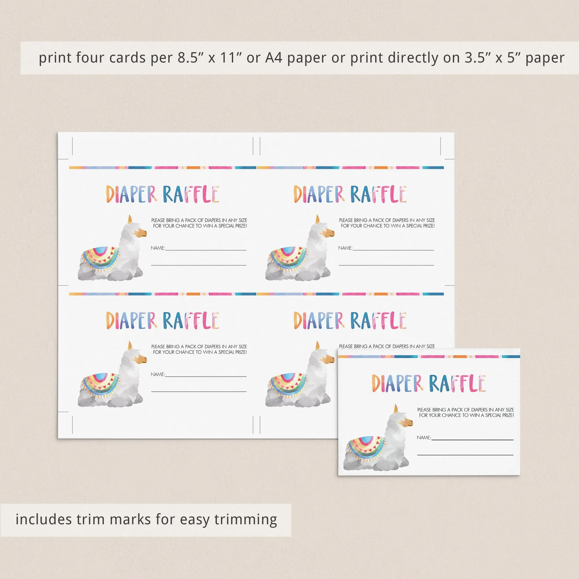 Alpaca Baby Shower Diaper Raffle Card Printable