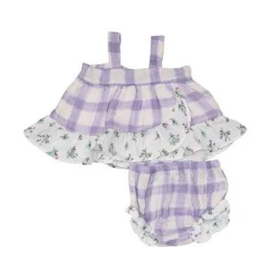 Baby Girl 2 Piece Set | Wrap Ruffle Top & Diaper Cover- Lavender Rose & Gingham| Angel Dear
