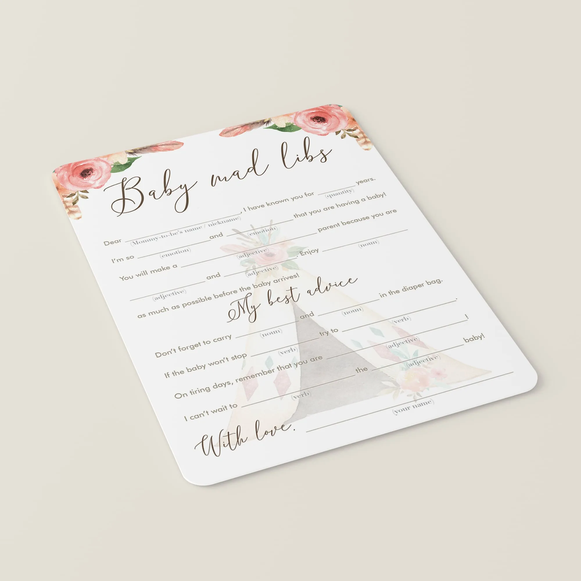 Baby Madlibs Game Floral Tribal Baby Shower