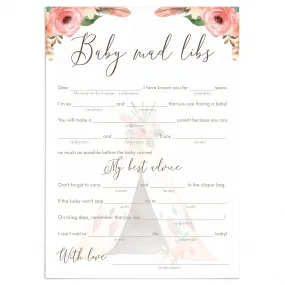 Baby Madlibs Game Floral Tribal Baby Shower