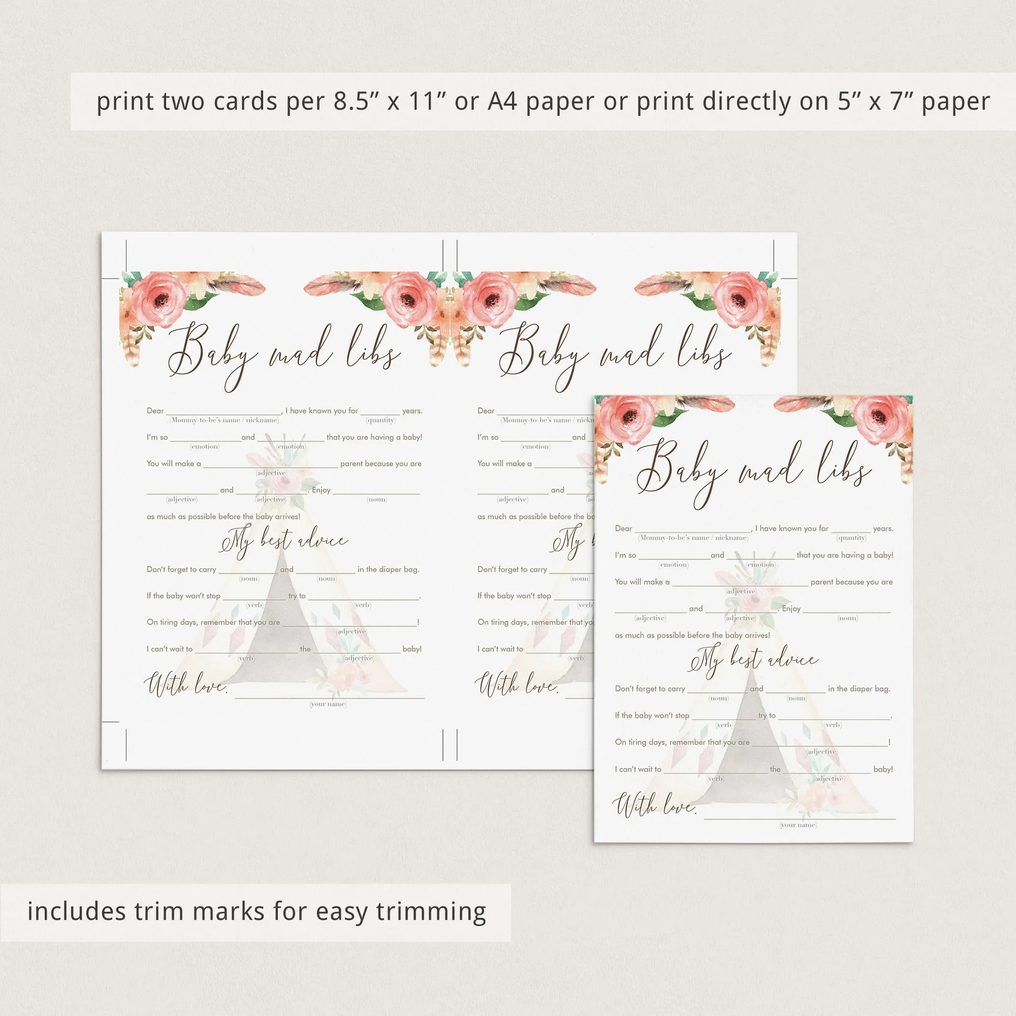 Baby Madlibs Game Floral Tribal Baby Shower
