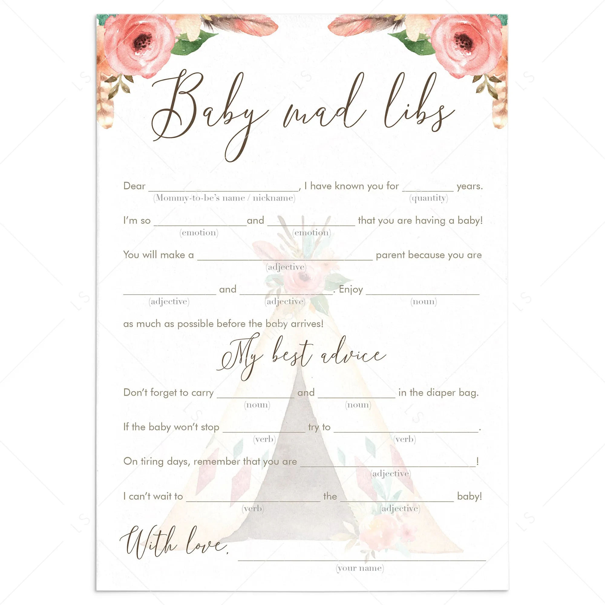 Baby Madlibs Game Floral Tribal Baby Shower