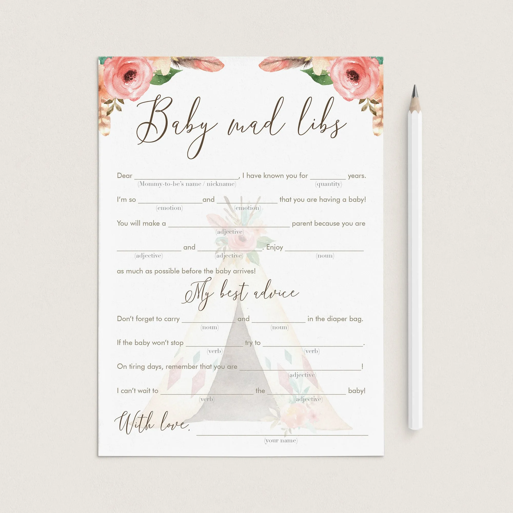 Baby Madlibs Game Floral Tribal Baby Shower