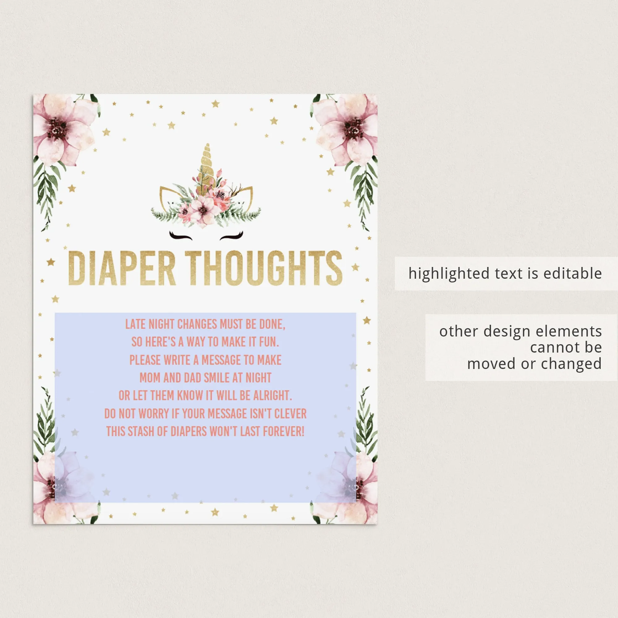 Baby Shower Diaper Thoughts Sign Template Floral Unicorn