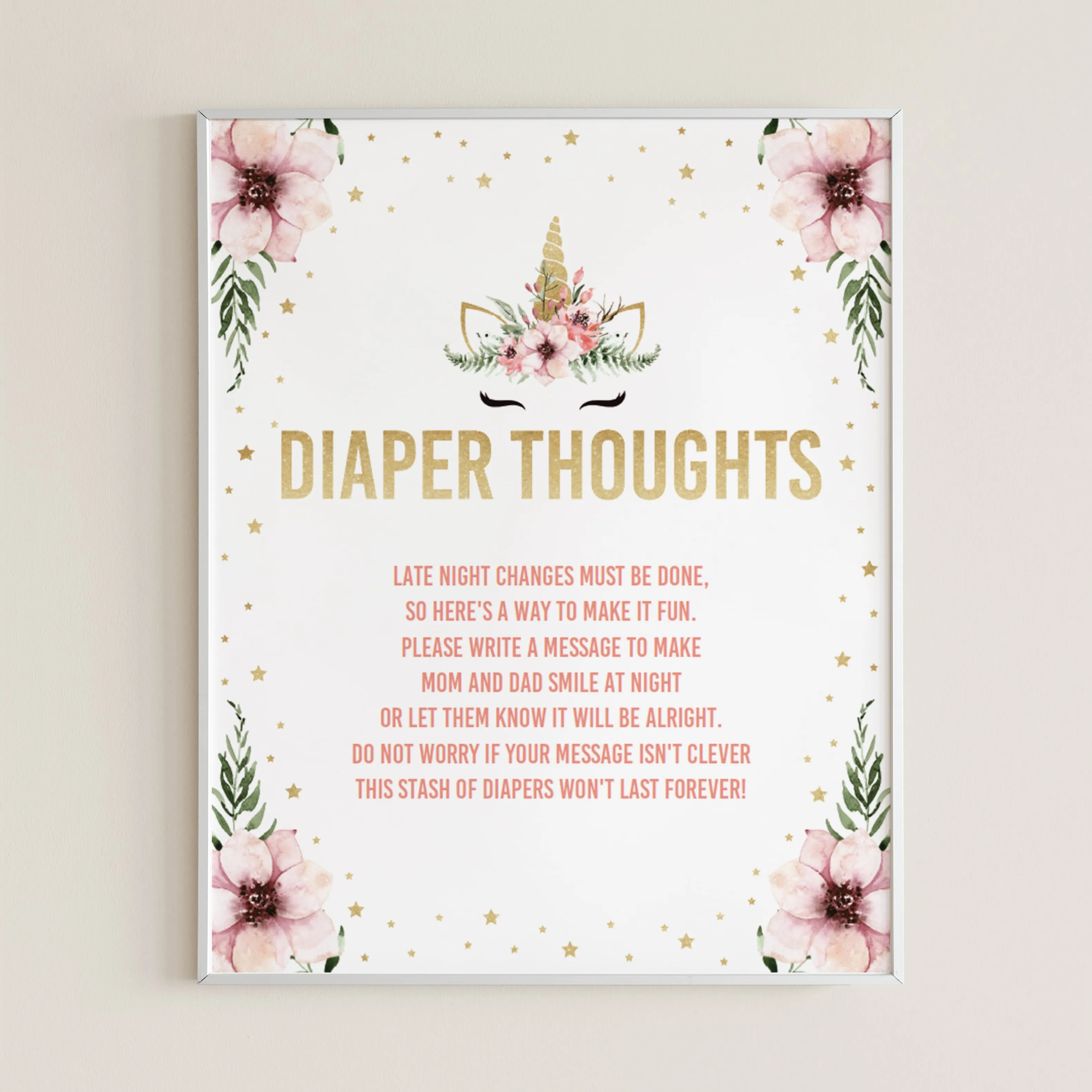 Baby Shower Diaper Thoughts Sign Template Floral Unicorn