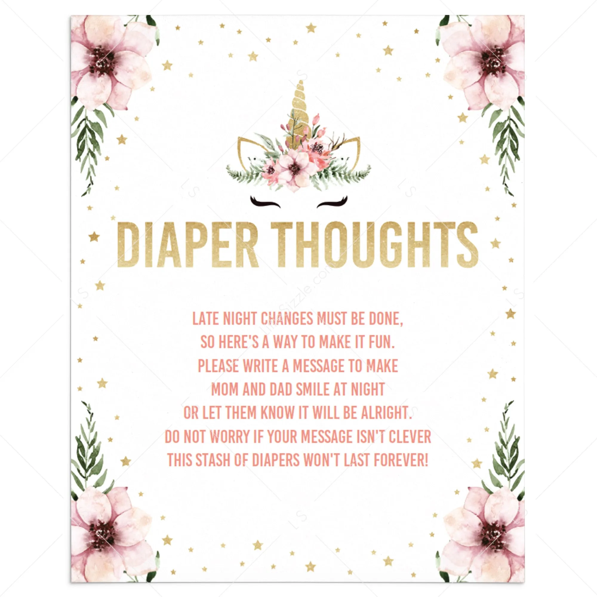 Baby Shower Diaper Thoughts Sign Template Floral Unicorn