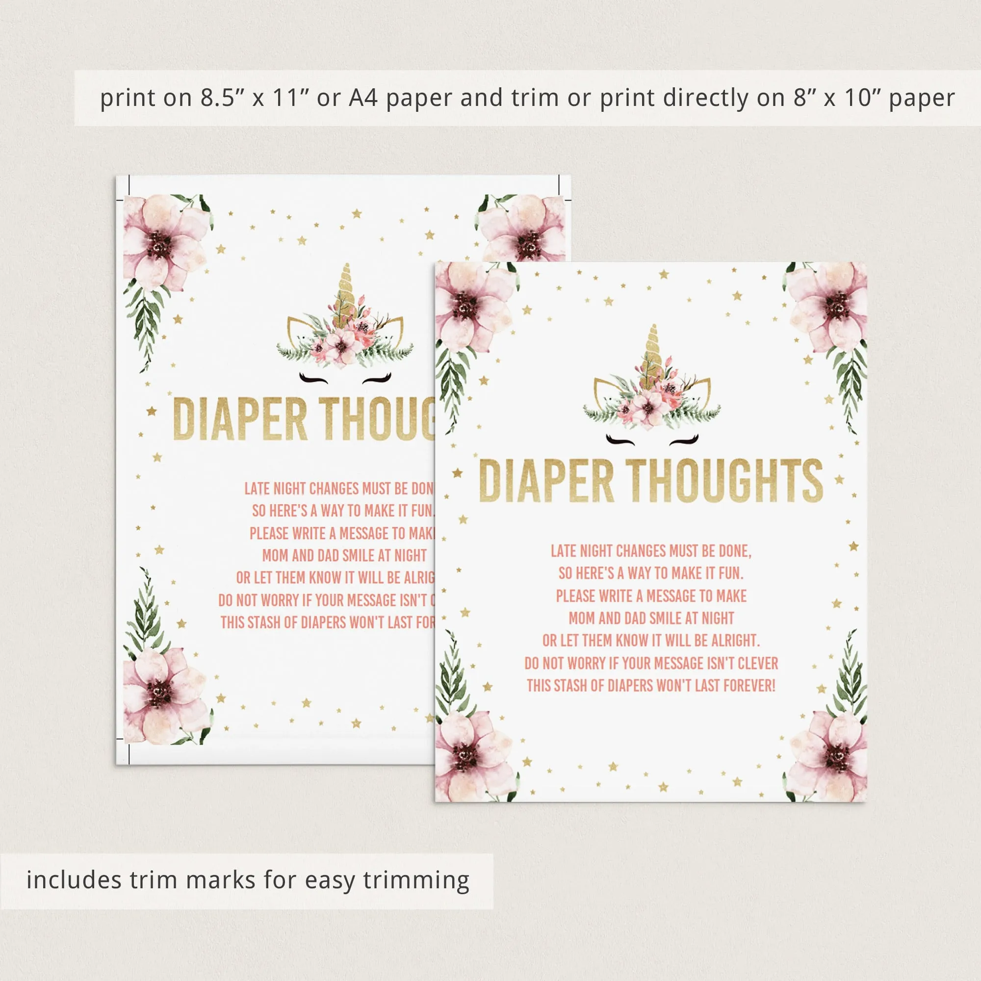 Baby Shower Diaper Thoughts Sign Template Floral Unicorn