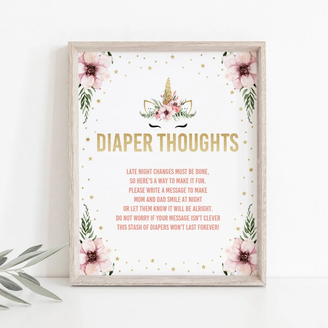 Baby Shower Diaper Thoughts Sign Template Floral Unicorn