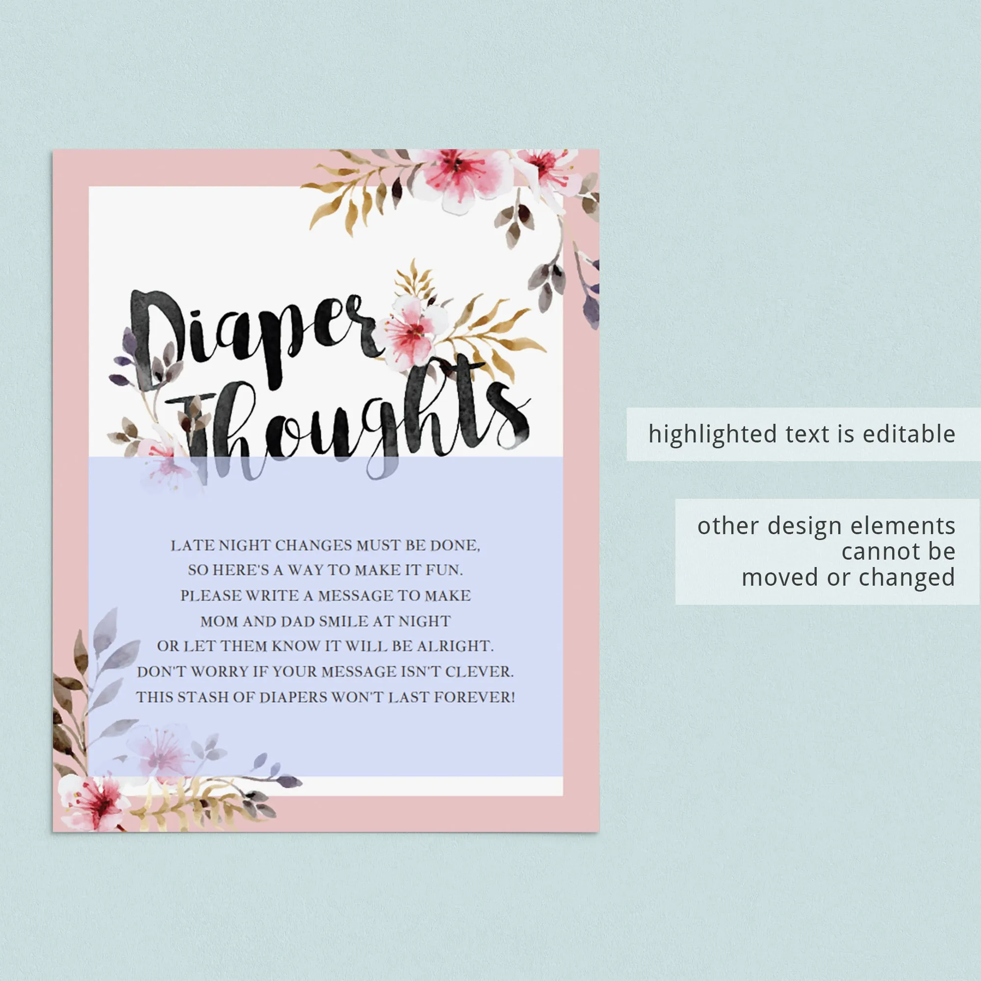Diaper Thoughts Baby Shower Game with Pink Flowers Printable