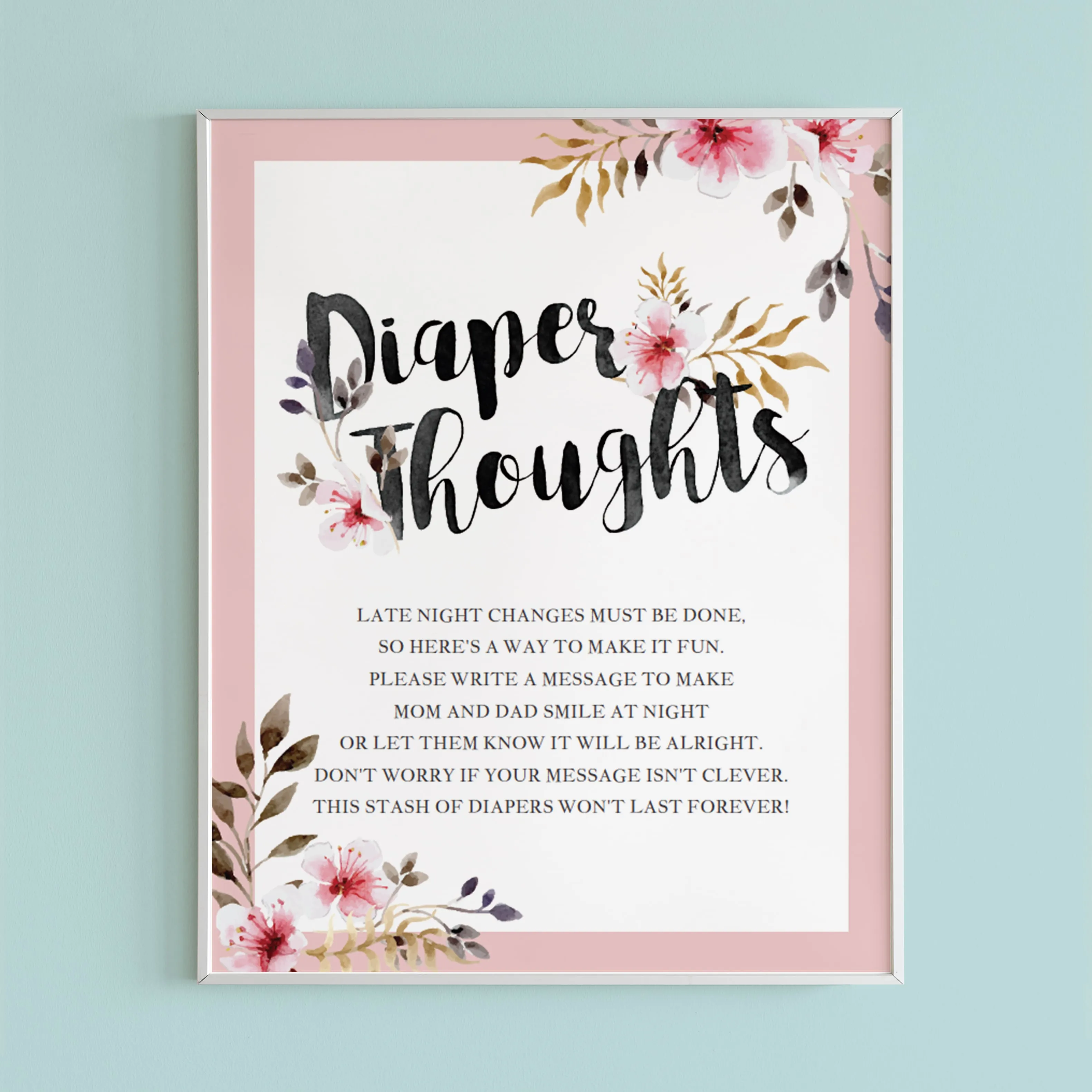 Diaper Thoughts Baby Shower Game with Pink Flowers Printable