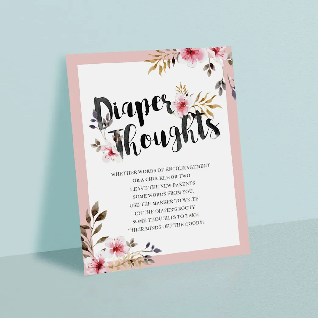 Diaper Thoughts Baby Shower Game with Pink Flowers Printable