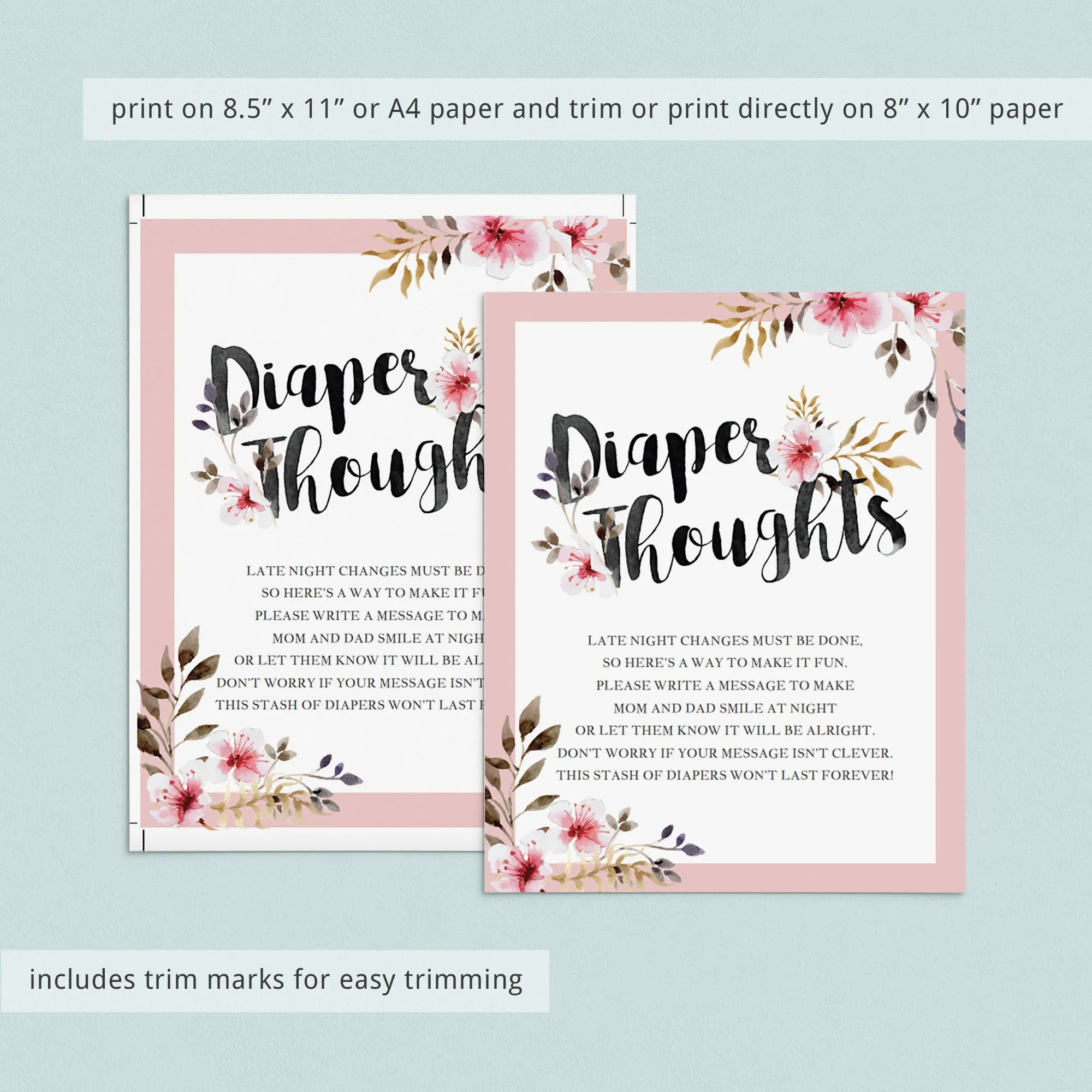 Diaper Thoughts Baby Shower Game with Pink Flowers Printable