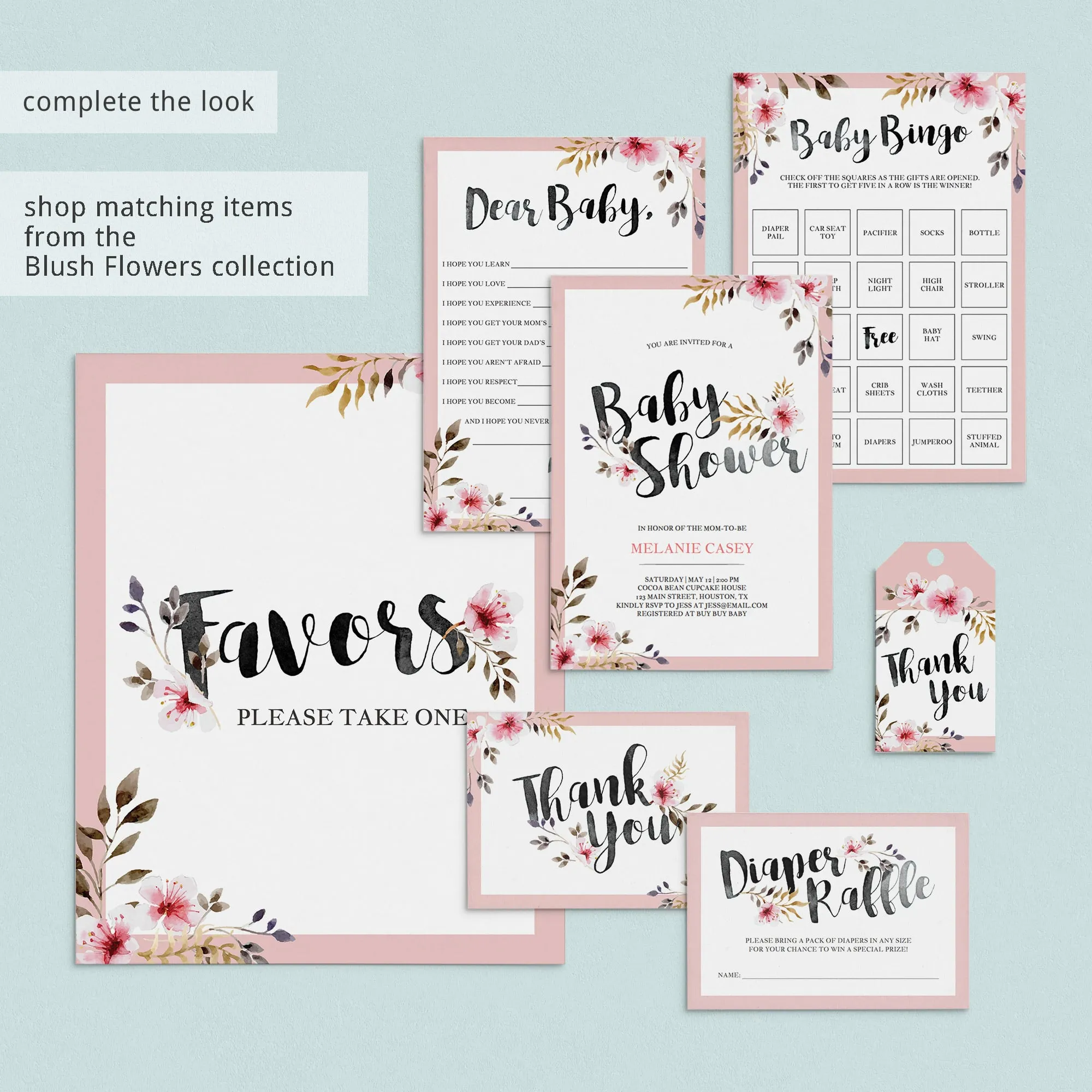Diaper Thoughts Baby Shower Game with Pink Flowers Printable