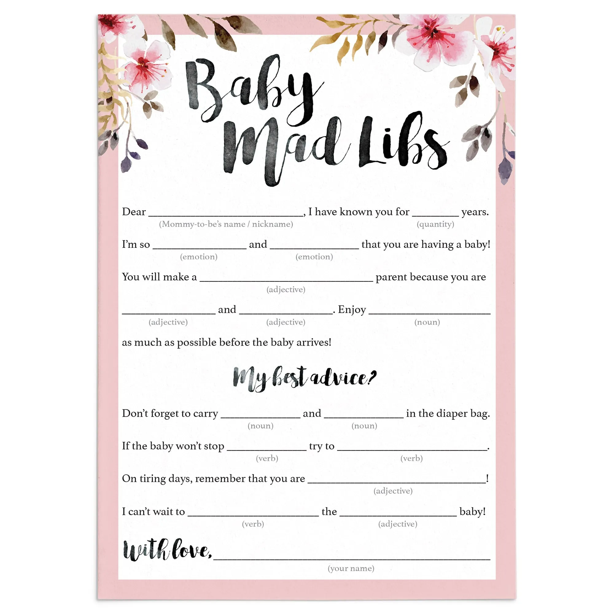 Floral Baby Mad Libs Printable Baby Shower Game