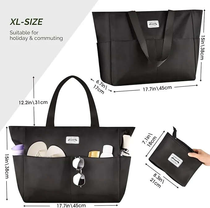 HOMESPON Large Waterproof Beach Tote Bag for Women with Zip and Pockets Foldable Handbag for Travel Pool Shopping Holiday Gym