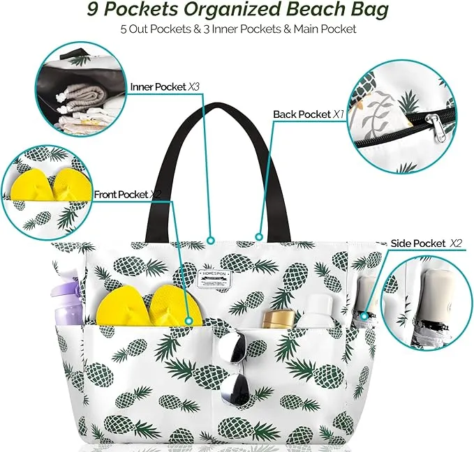 HOMESPON Large Waterproof Beach Tote Bag for Women with Zip and Pockets Foldable Handbag for Travel Pool Shopping Holiday Gym