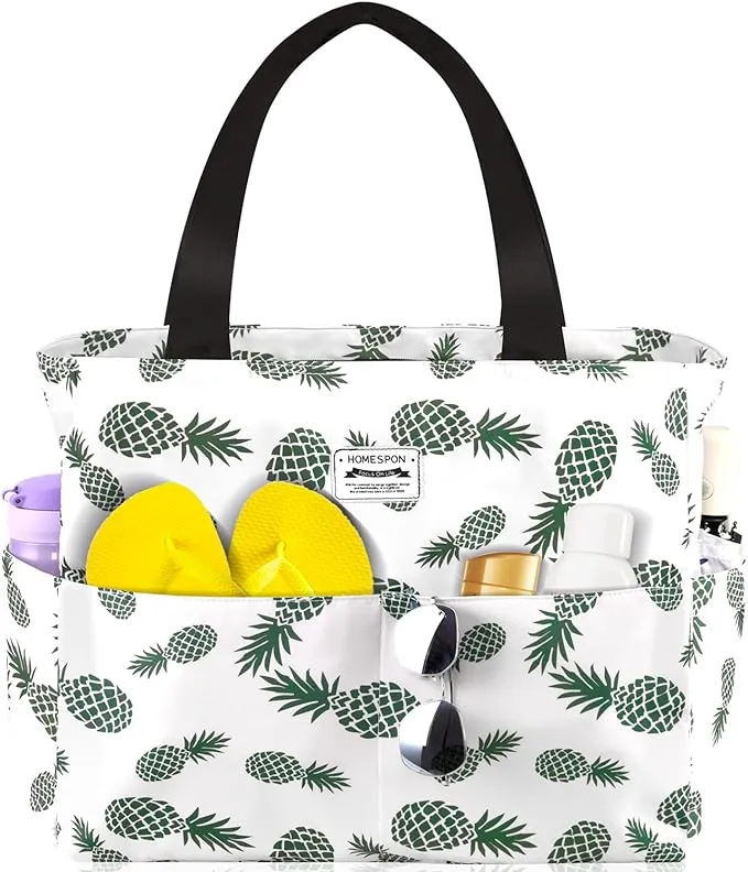 HOMESPON Large Waterproof Beach Tote Bag for Women with Zip and Pockets Foldable Handbag for Travel Pool Shopping Holiday Gym