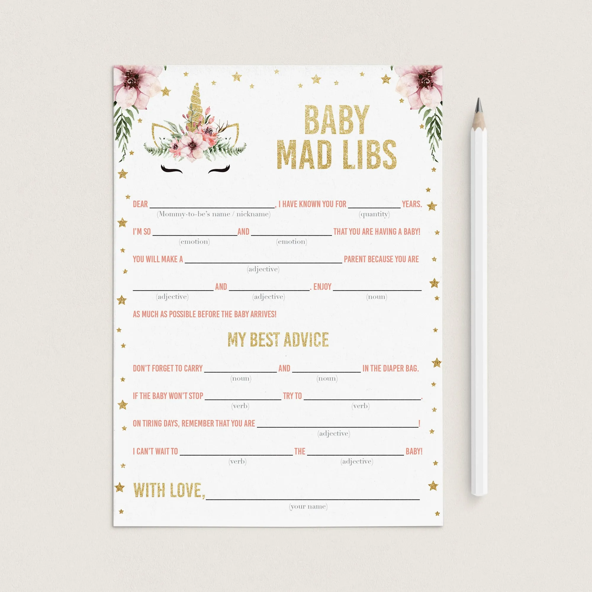 Mad Libs Advice Card for Girl Baby Shower Printable