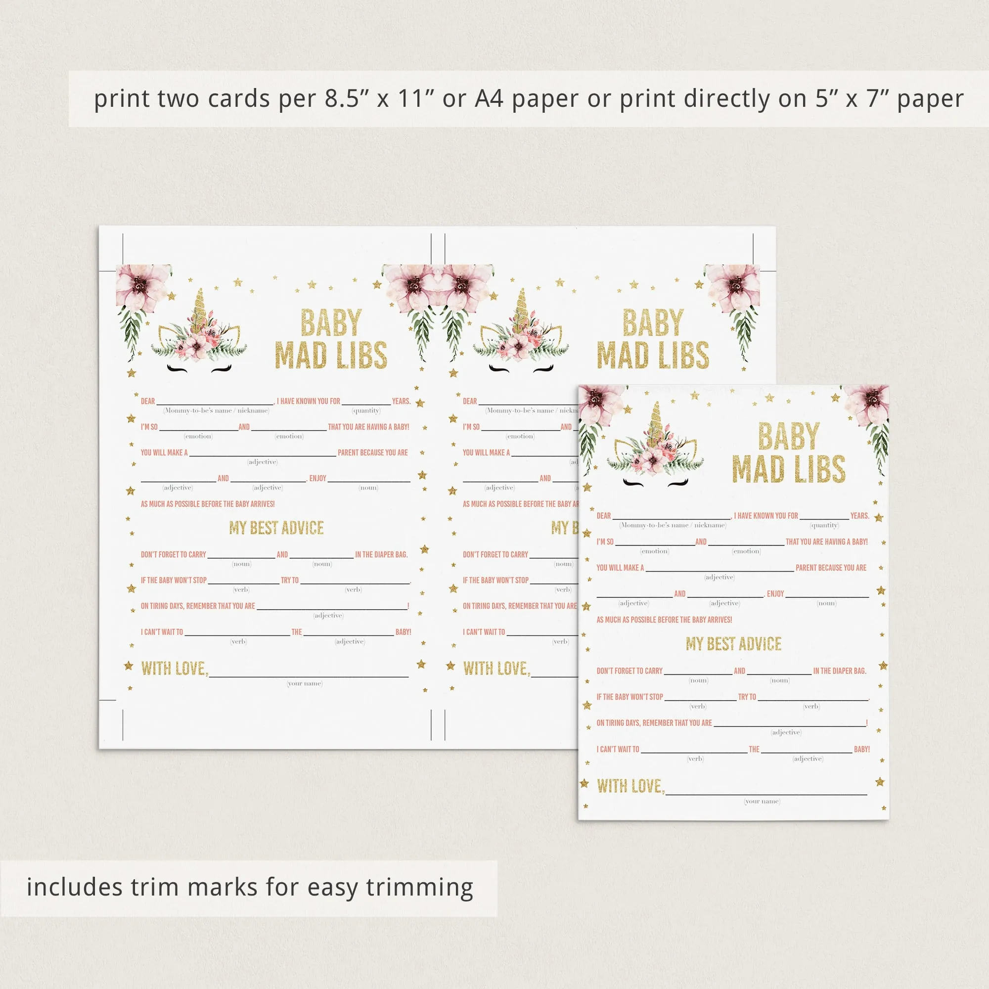 Mad Libs Advice Card for Girl Baby Shower Printable