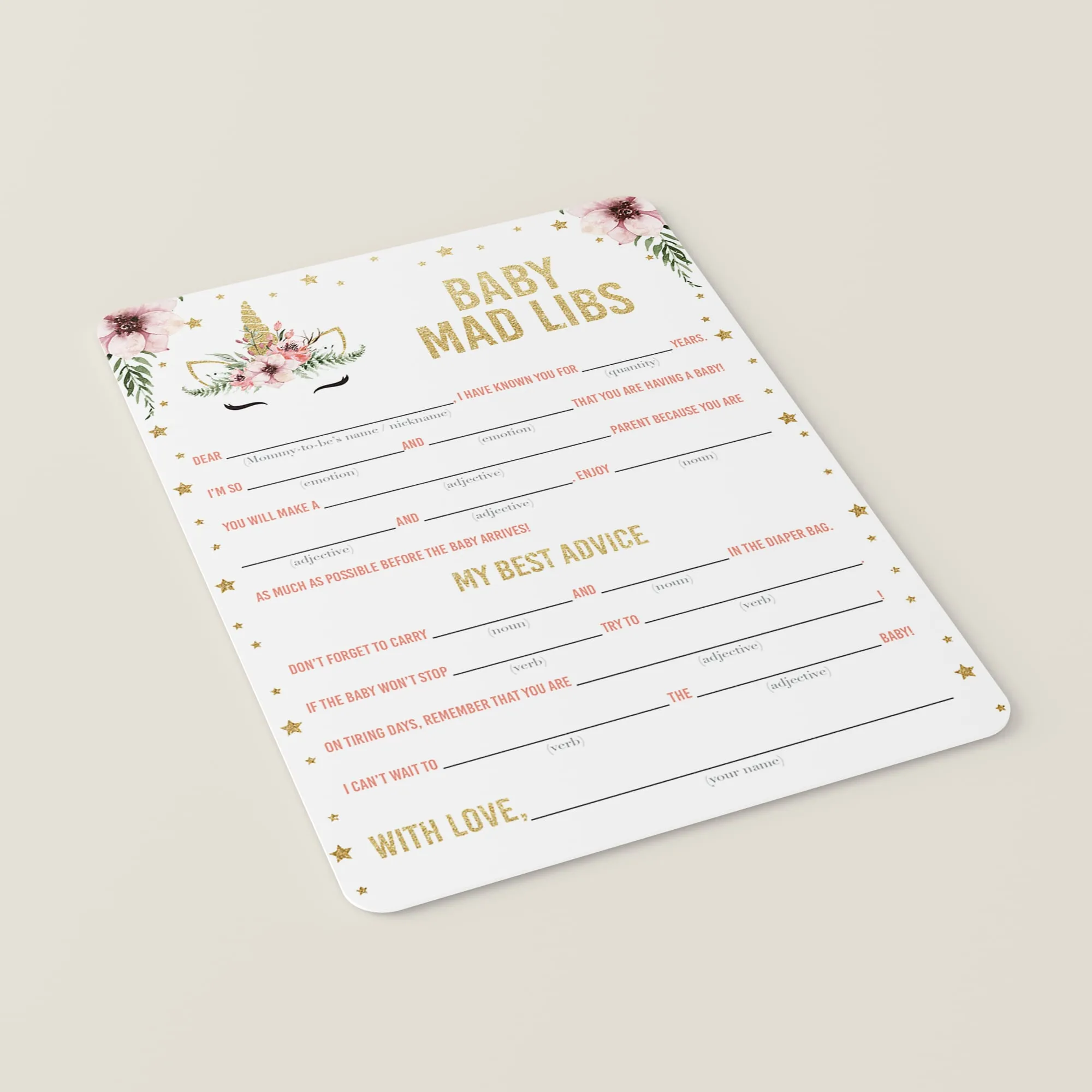 Mad Libs Advice Card for Girl Baby Shower Printable