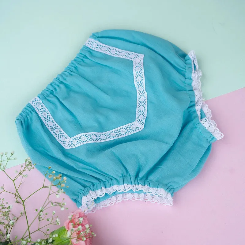 Organic Cotton Baby Bloomers Underwear | Lace Diaper Cover | Blue