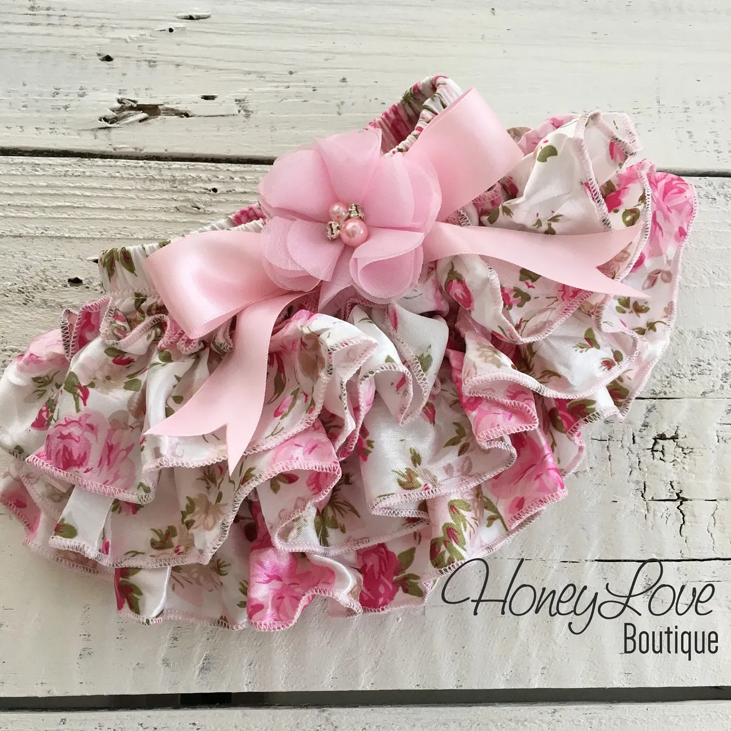 Pink Floral Satin Bloomers - Embellished bow