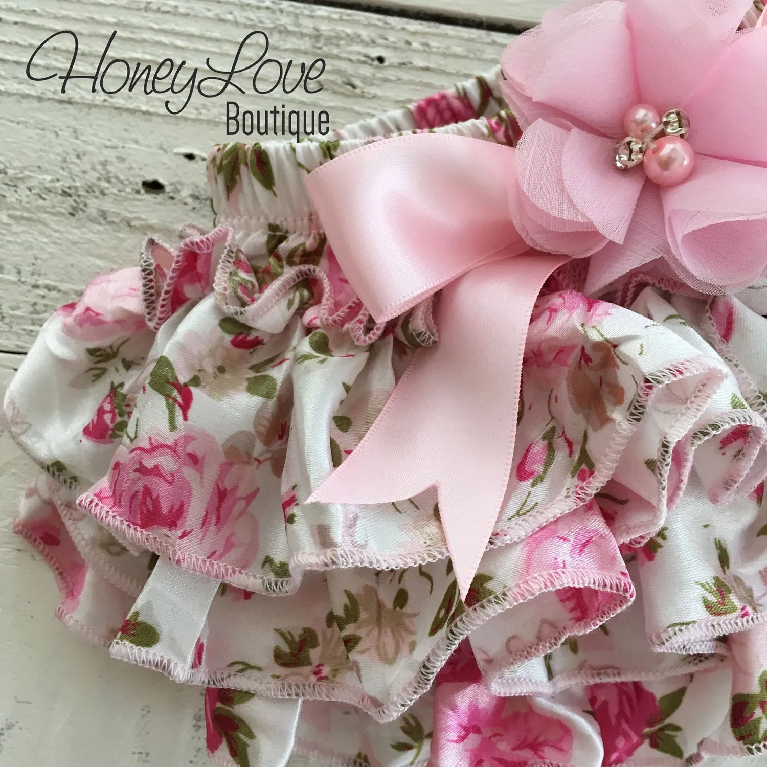 Pink Floral Satin Bloomers - Embellished bow