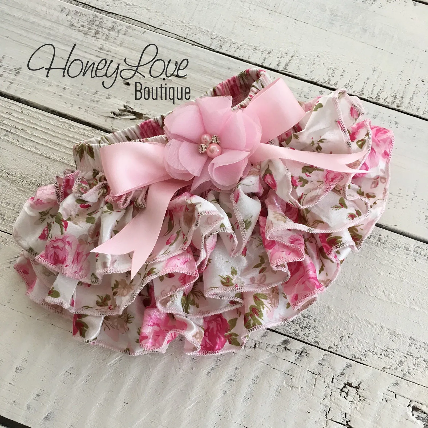 Pink Floral Satin Bloomers - Embellished bow