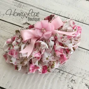 Pink Floral Satin Bloomers - Embellished bow