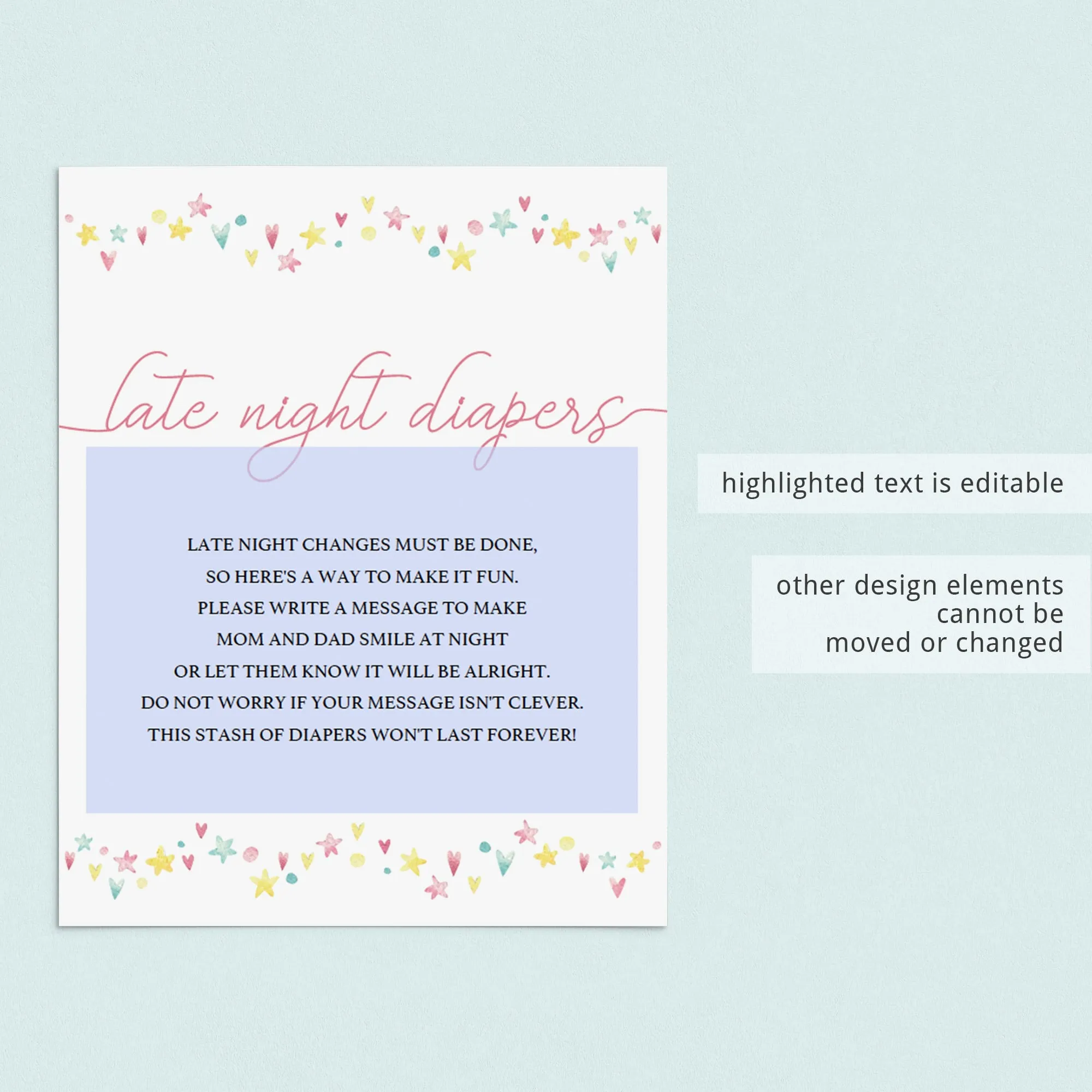 Printable Baby Girl Shower Activity Late Night Diapers