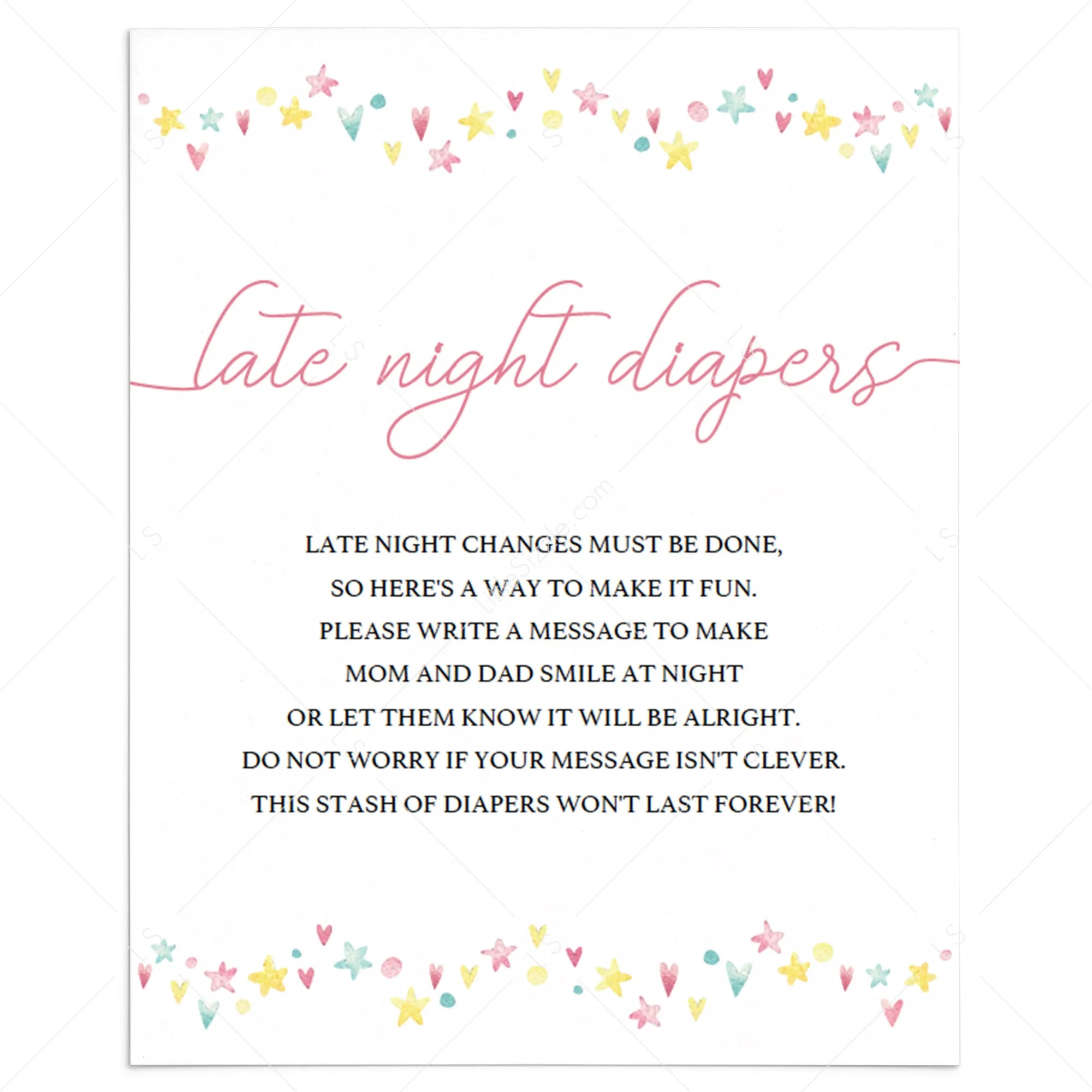 Printable Baby Girl Shower Activity Late Night Diapers