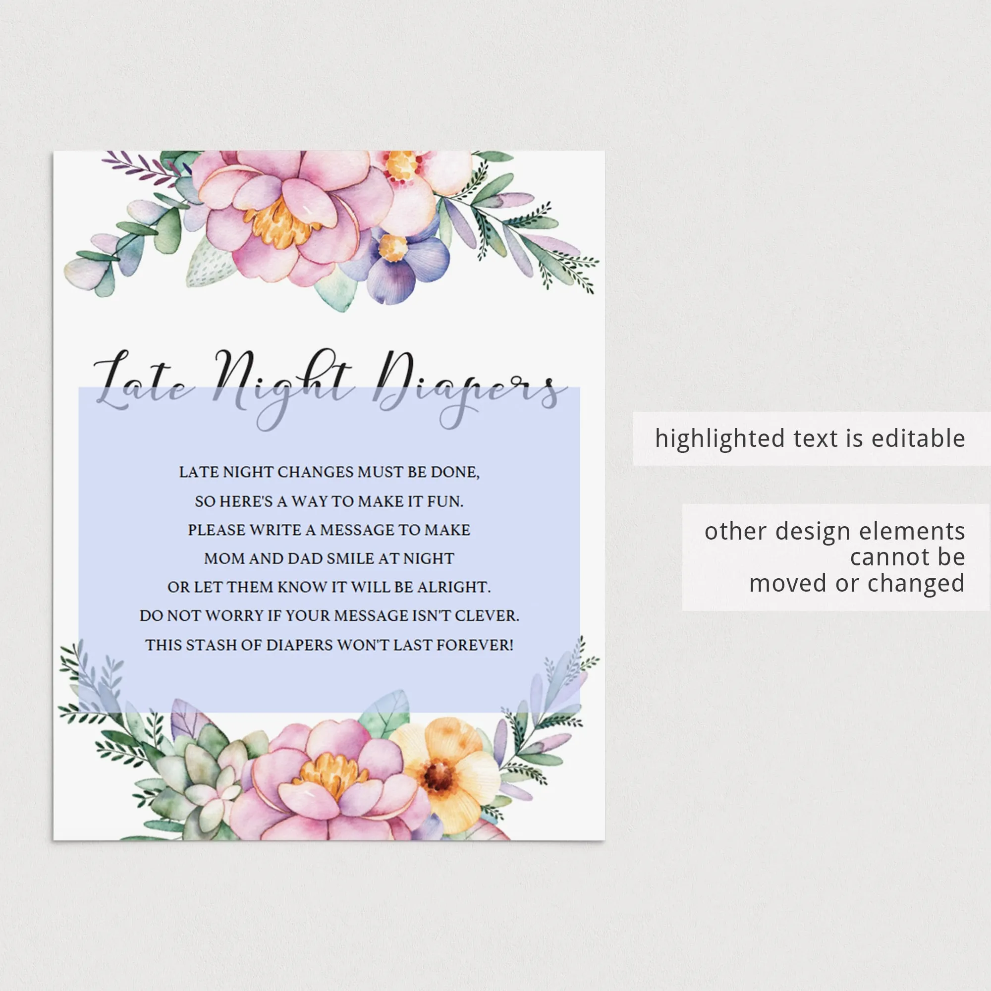 Printable Girl Baby Shower Late Night Diapers Sign