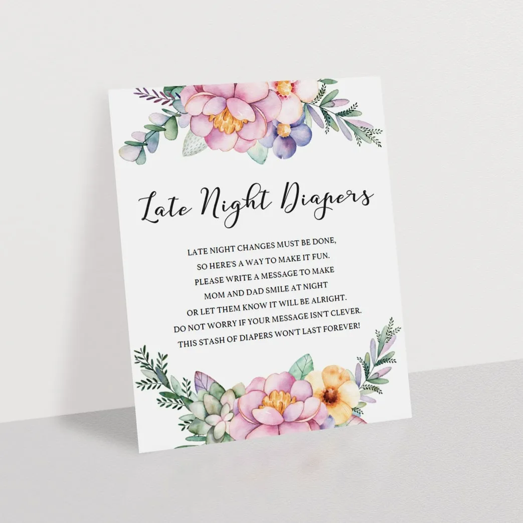 Printable Girl Baby Shower Late Night Diapers Sign