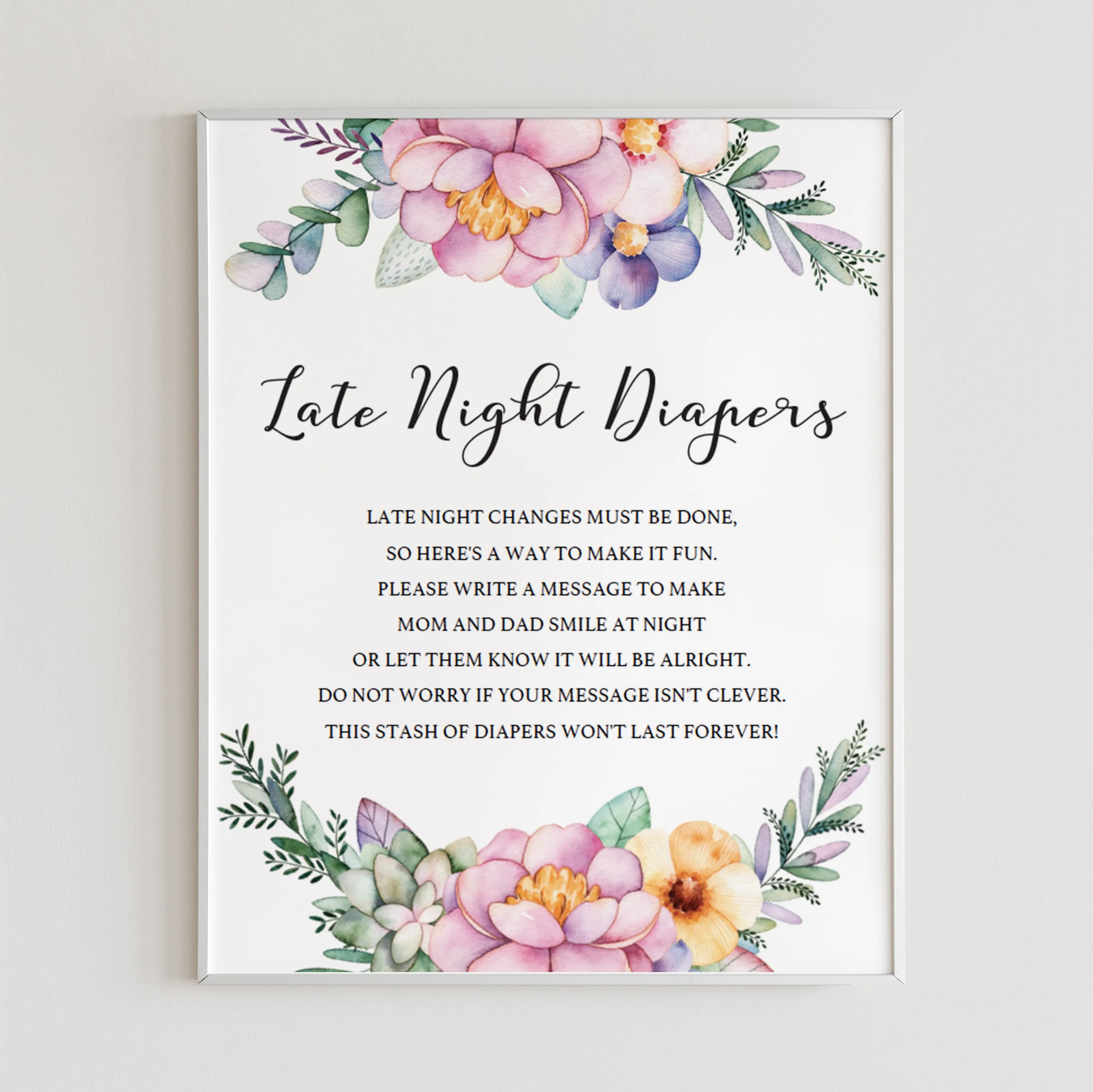 Printable Girl Baby Shower Late Night Diapers Sign