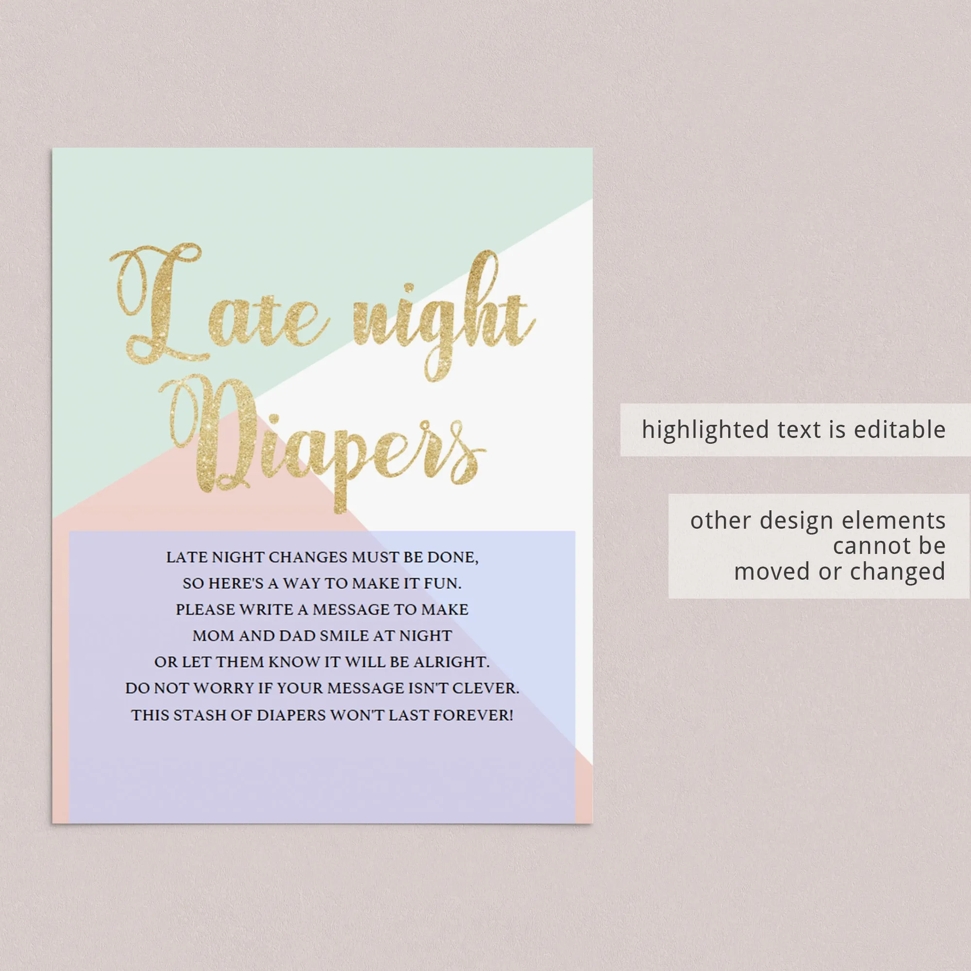 Printable Late Night Diapers Sign for Pastel Baby Shower