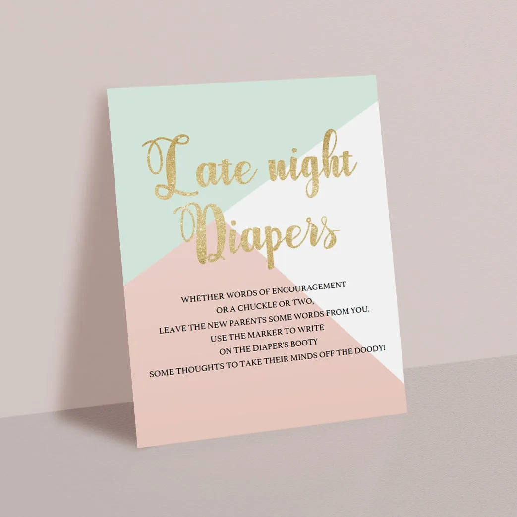 Printable Late Night Diapers Sign for Pastel Baby Shower