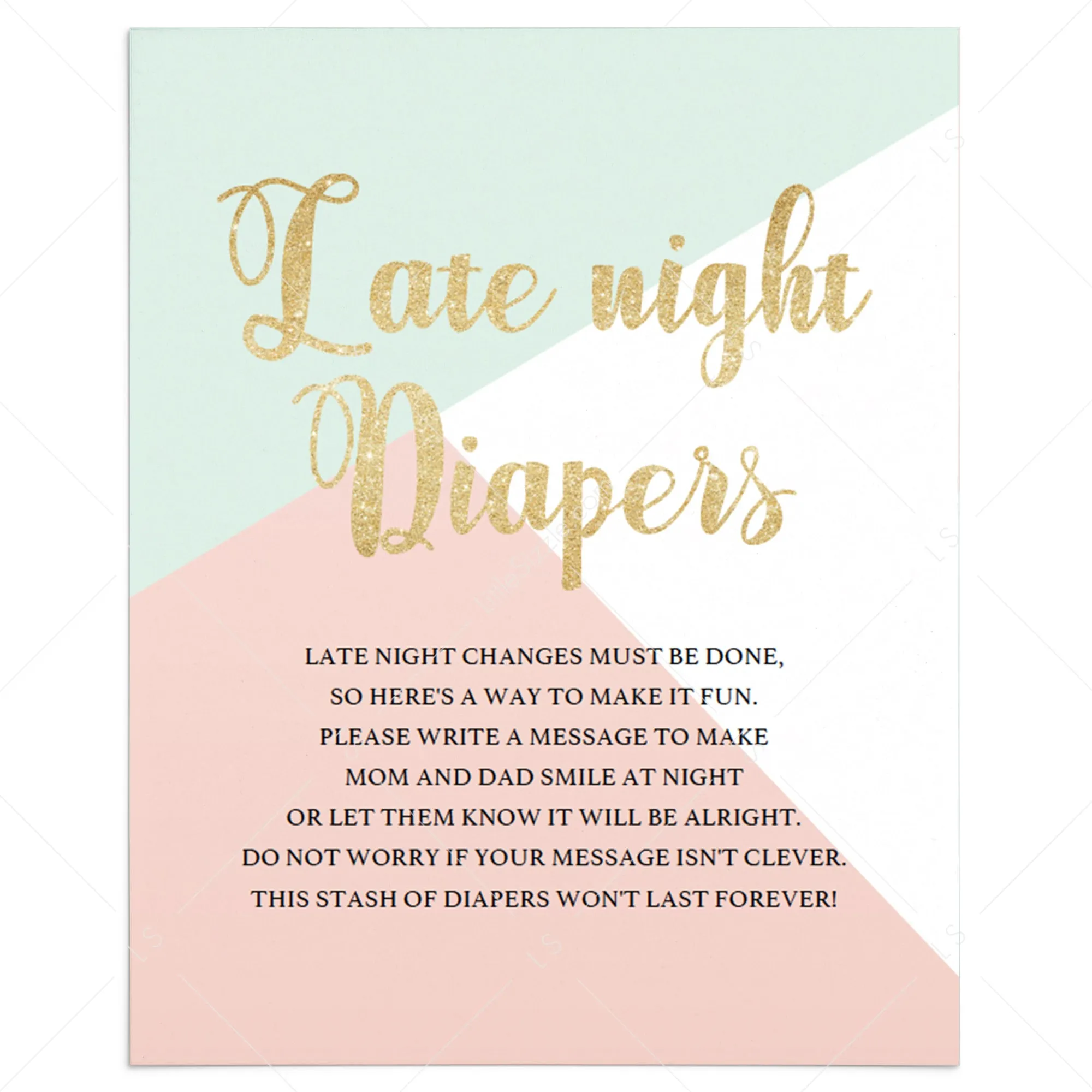 Printable Late Night Diapers Sign for Pastel Baby Shower