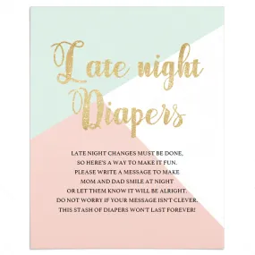Printable Late Night Diapers Sign for Pastel Baby Shower