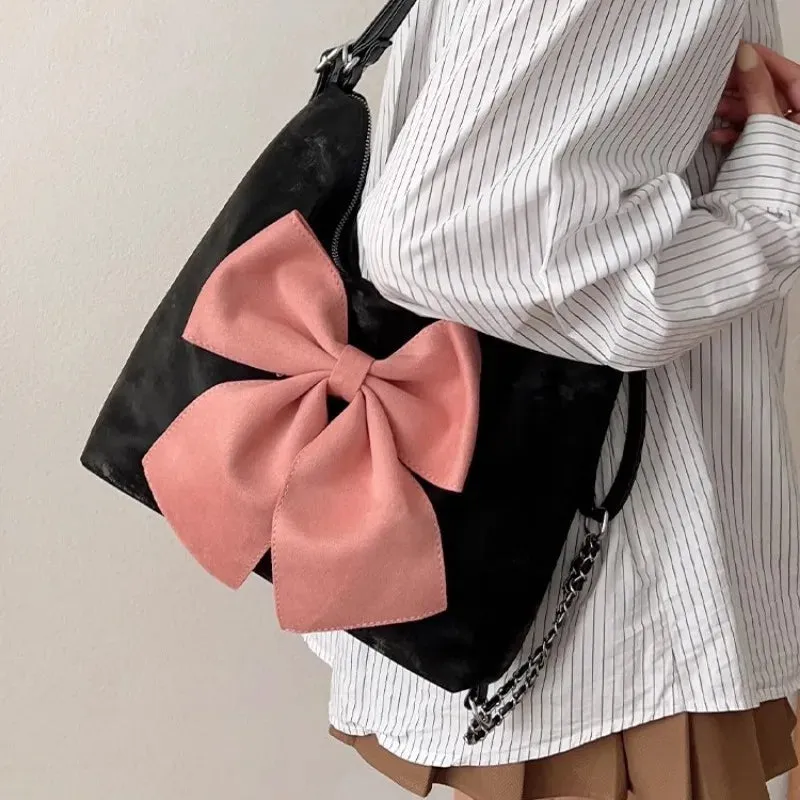 TAVIMART  -  Pink Bow Womens Shoulder Bag Korean Style Fashion Large Capacity Sweet Backpack Cute Exquisite Elegant New Female Tote Bag