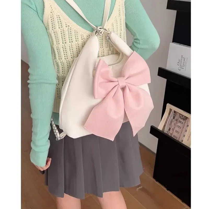 TAVIMART  -  Pink Bow Womens Shoulder Bag Korean Style Fashion Large Capacity Sweet Backpack Cute Exquisite Elegant New Female Tote Bag