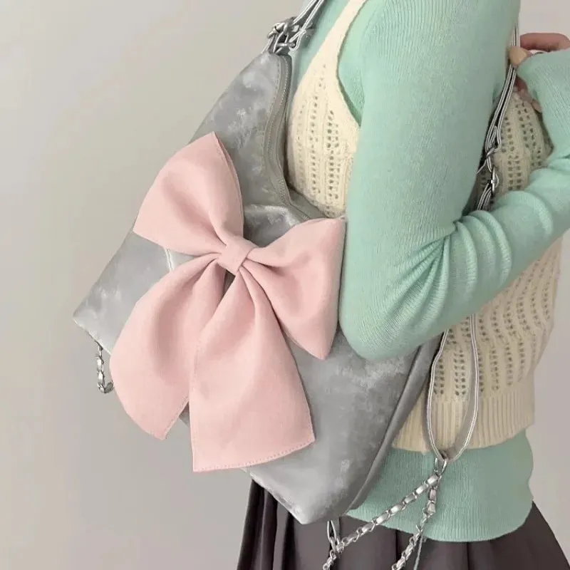 TAVIMART  -  Pink Bow Womens Shoulder Bag Korean Style Fashion Large Capacity Sweet Backpack Cute Exquisite Elegant New Female Tote Bag